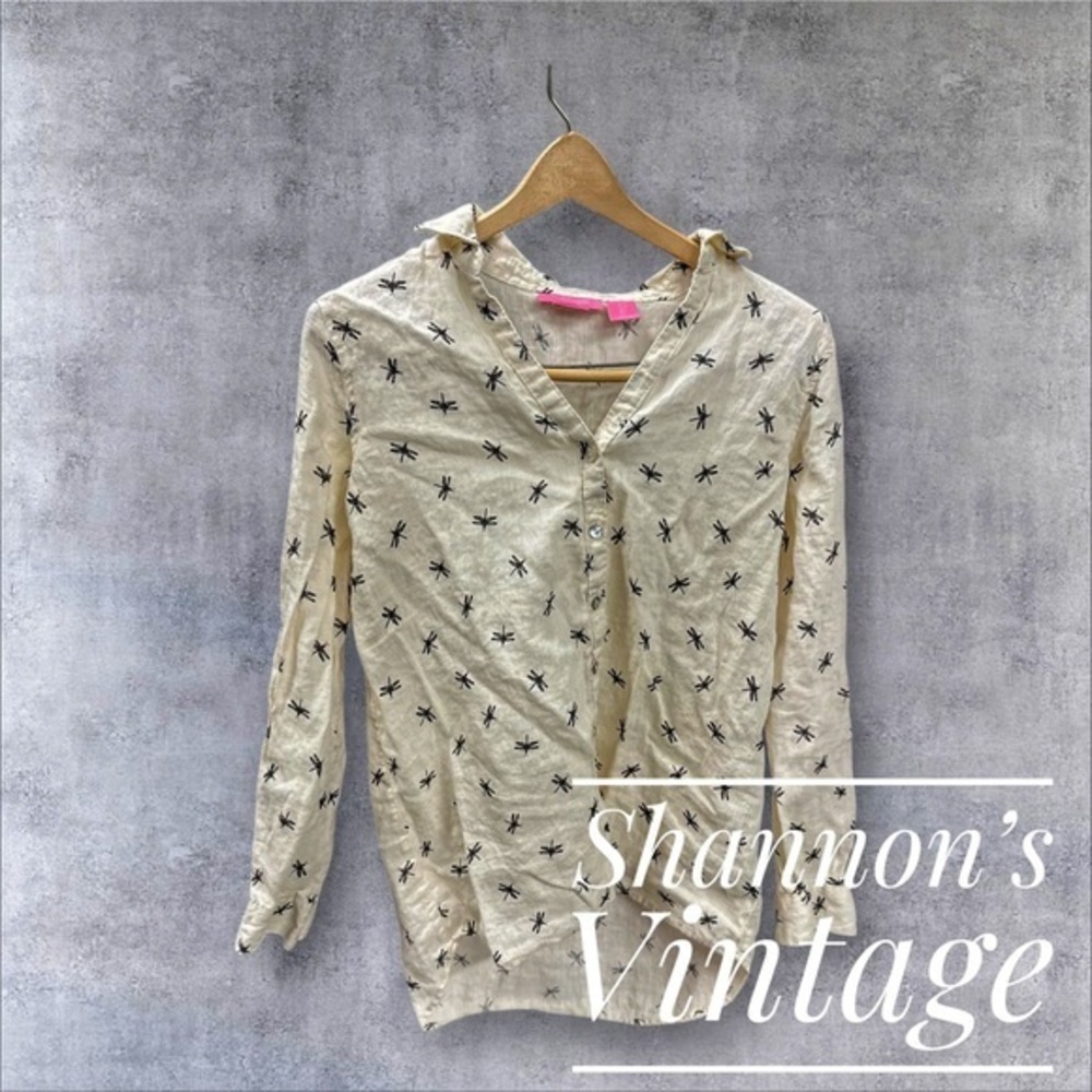 Isaac Mizrahi linen Sz Small button-up shirt with a black dragonfly print A34
